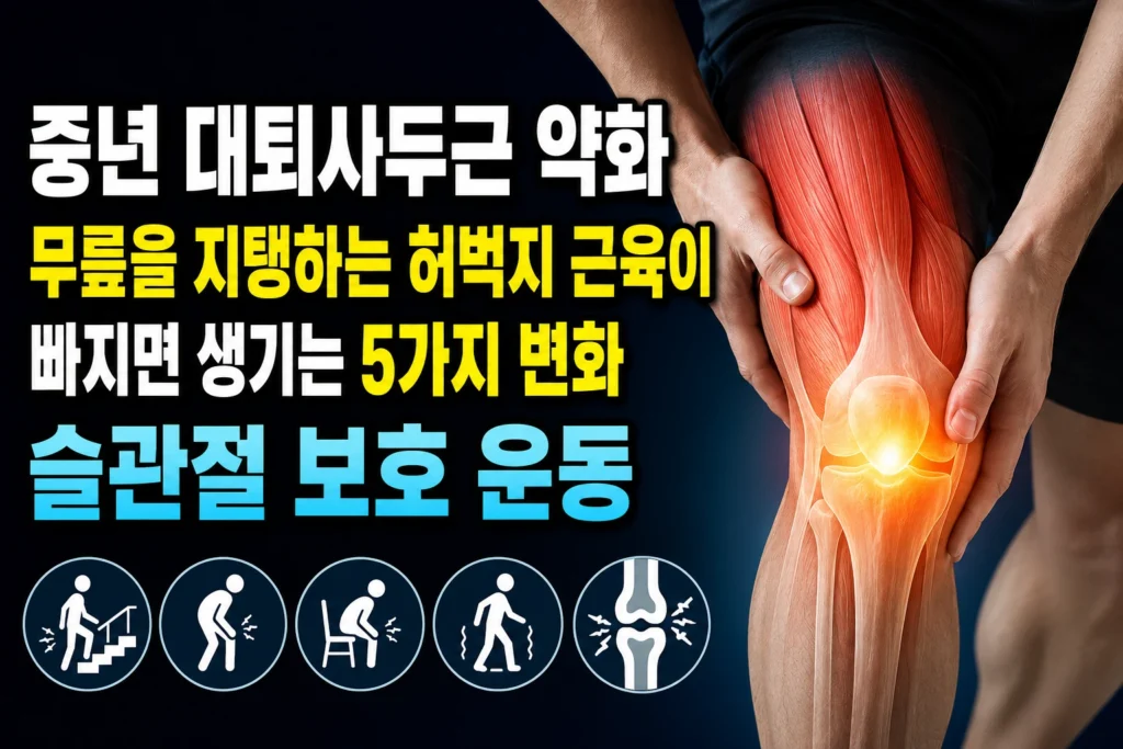 중년 대퇴사두근 약화 — 무릎을 지탱하는 허벅지 근육이 빠지면 생기는 5가지 변화와 슬관절 보호 운동