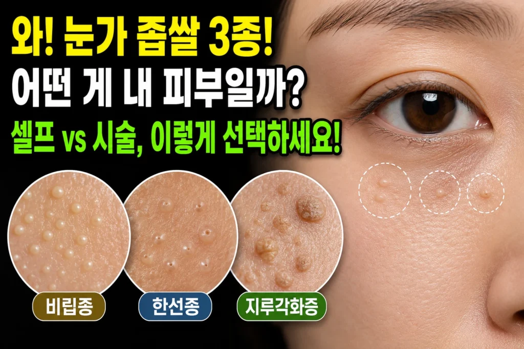 비립종 한선종 지루각화증 — 눈가 좁쌀 같은 알갱이 3종 식별과 셀프 vs 시술 선택법
