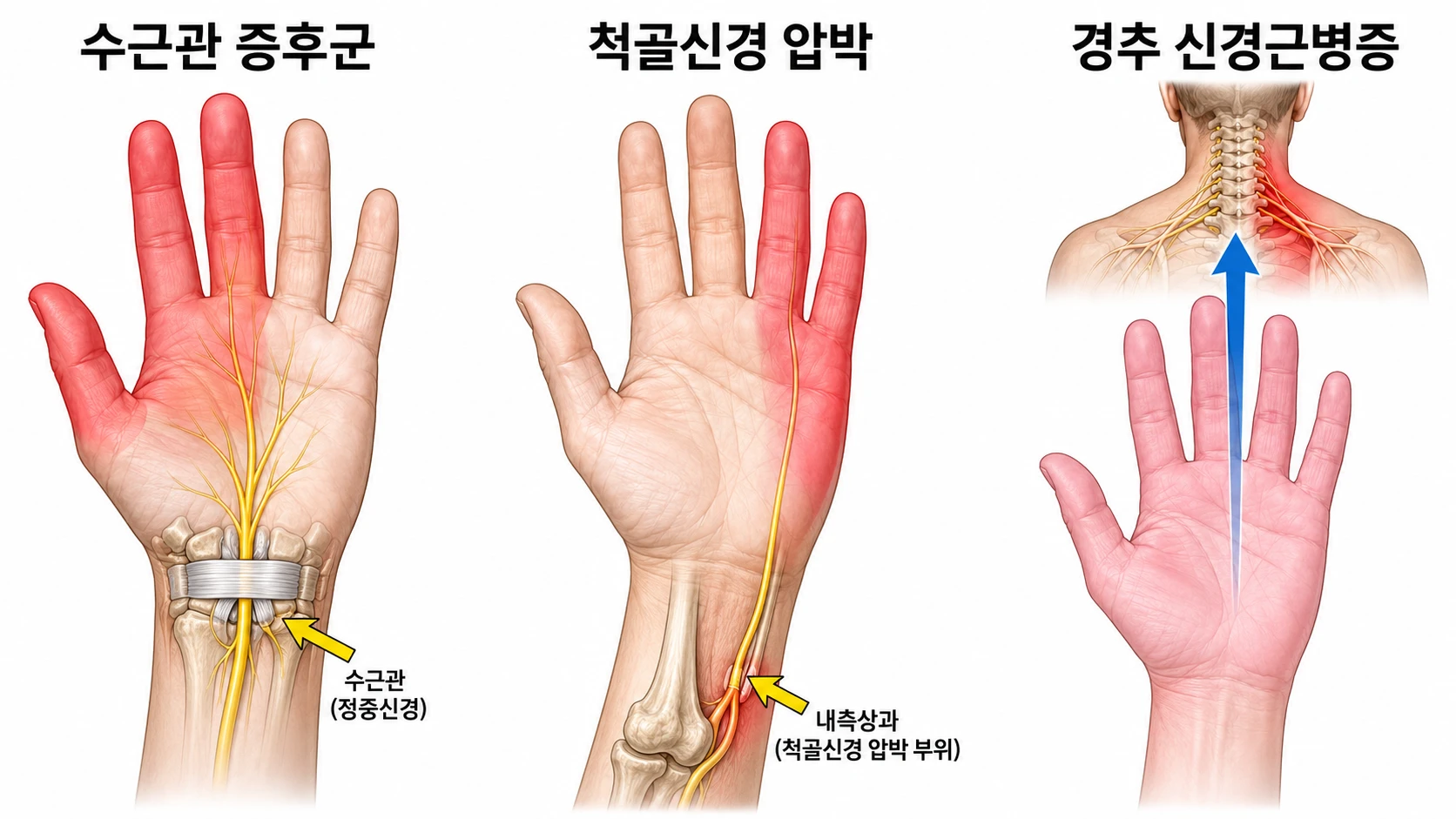수근관 증후군(엄지·검지·중지)·척골신경 압박(약지·새끼)·경추 신경근병증(손 전체)으로 갈리는 손 부위별 저림 비교 의학 도해