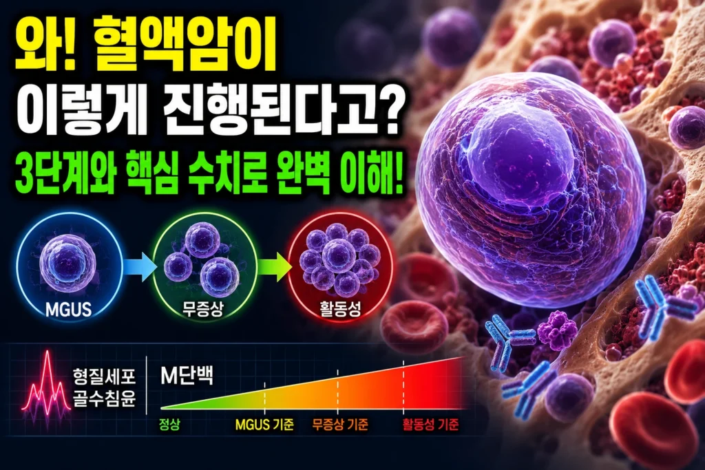 다발골수종 — MGUS·무증상·활동성 3단계 진행과 형질세포 골수침윤·M단백 절단값으로 이해하는 혈액암