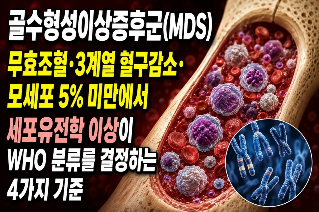 골수형성이상증후군(MDS) — 무효조혈·3계열 혈구감소·모세포 5% 미만에서 세포유전학 이상이 WHO 분류를 결정하는 4가지 기준