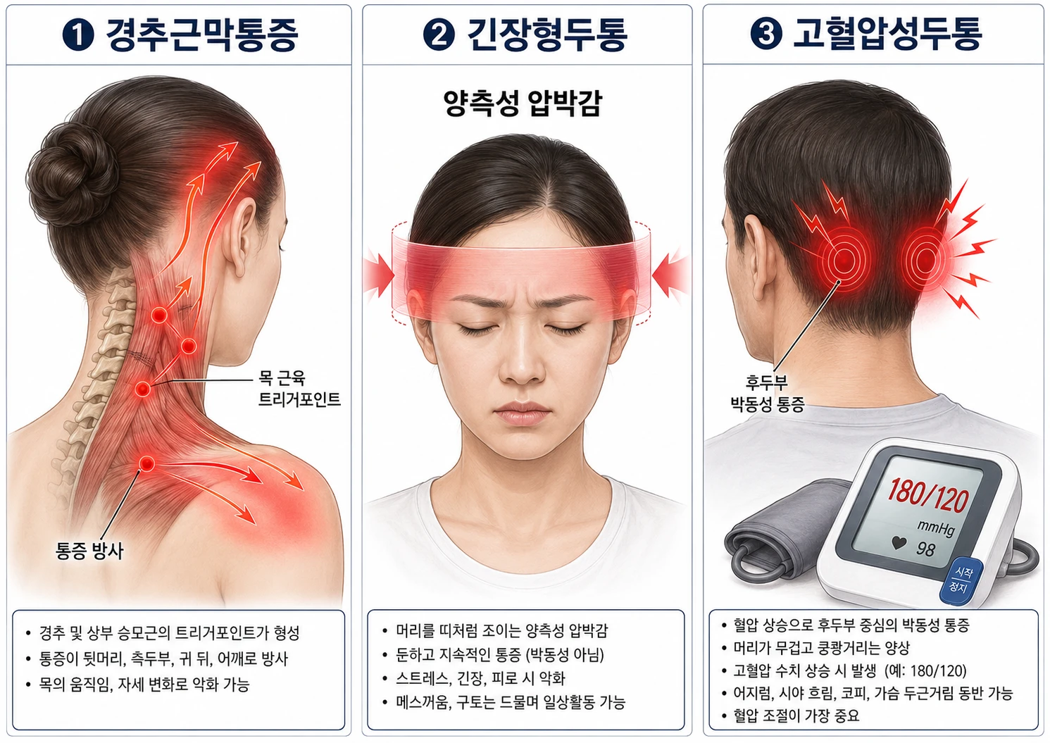 경추근막통증·긴장형두통·고혈압성두통의 증상 차이를 3패널로 비교한 의학 인포그래픽