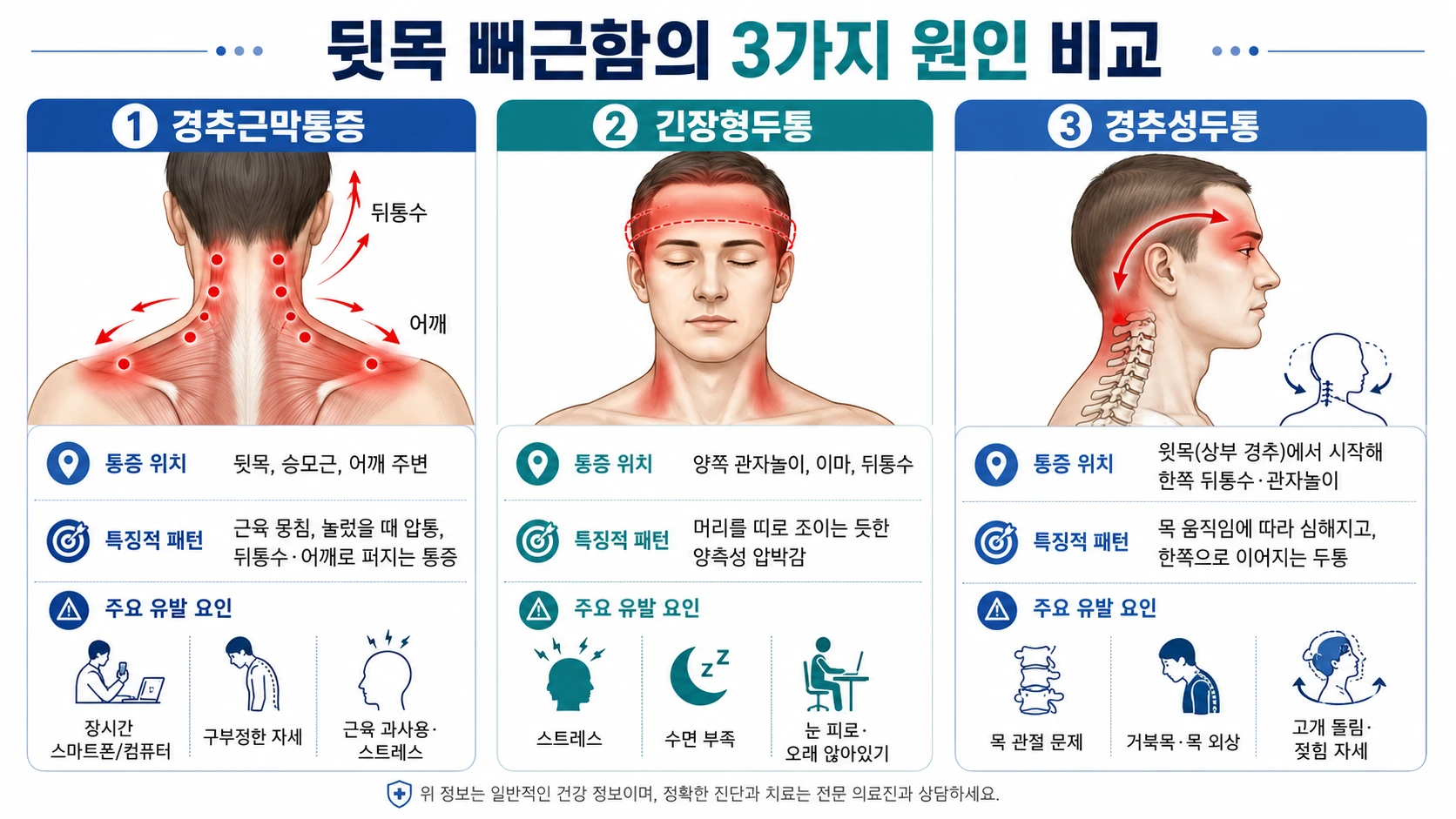 뒷목 뻐근함 — 경추근막통증·긴장형두통·고혈압성두통 3가지 감별법