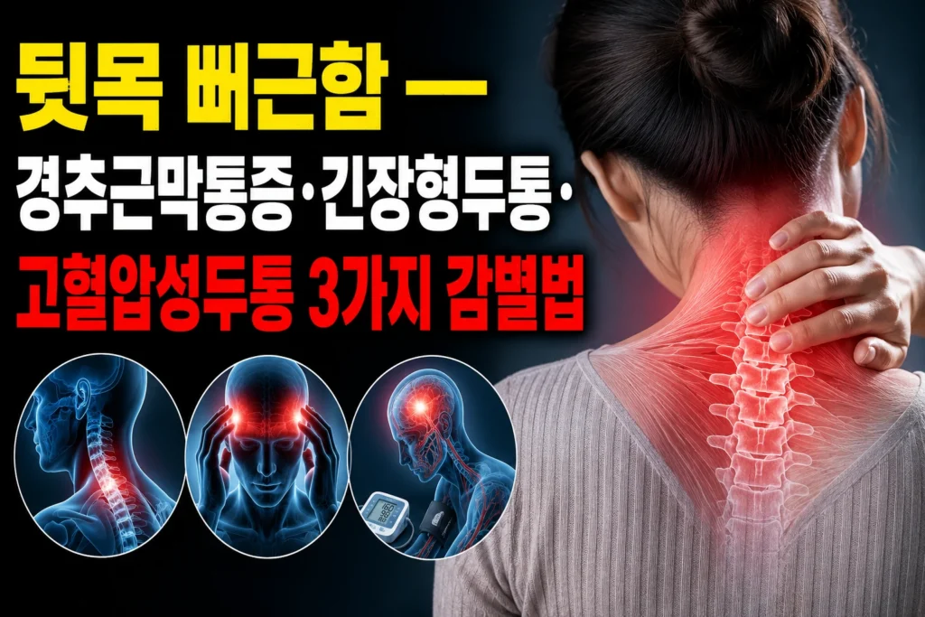뒷목 뻐근함 — 경추근막통증·긴장형두통·고혈압성두통 3가지 감별법