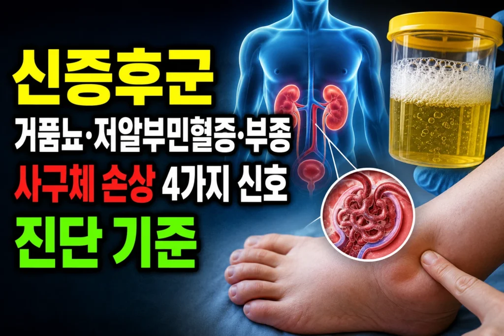 신증후군 — 거품뇨·저알부민혈증·부종으로 알아보는 사구체 손상 4가지 신호와 진단 기준