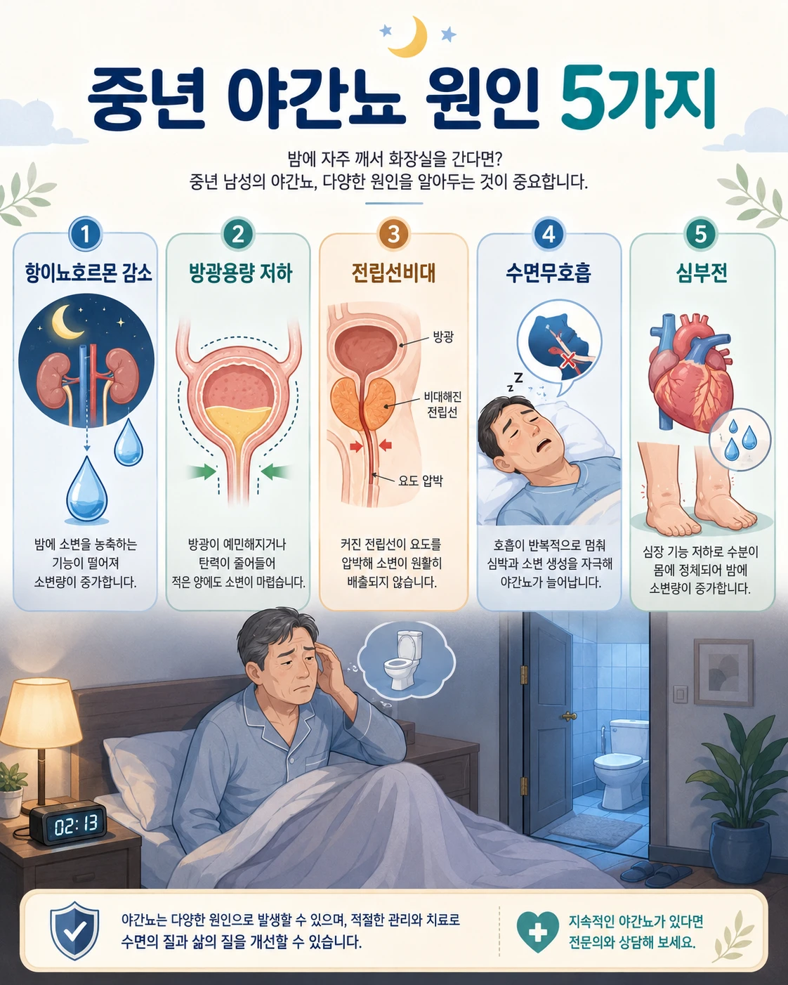 항이뇨호르몬 감소, 방광용량 저하, 전립선비대, 수면무호흡, 심부전 등 중년 야간뇨 원인 5가지를 아이콘과 함께 설명한 의학 인포그래픽