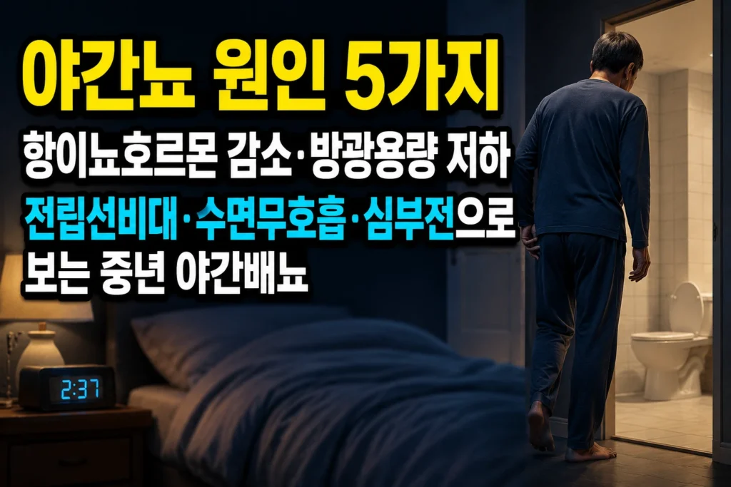 야간뇨 원인 5가지 — 항이뇨호르몬 감소·방광용량 저하·전립선비대·수면무호흡·심부전으로 보는 중년 야간배뇨