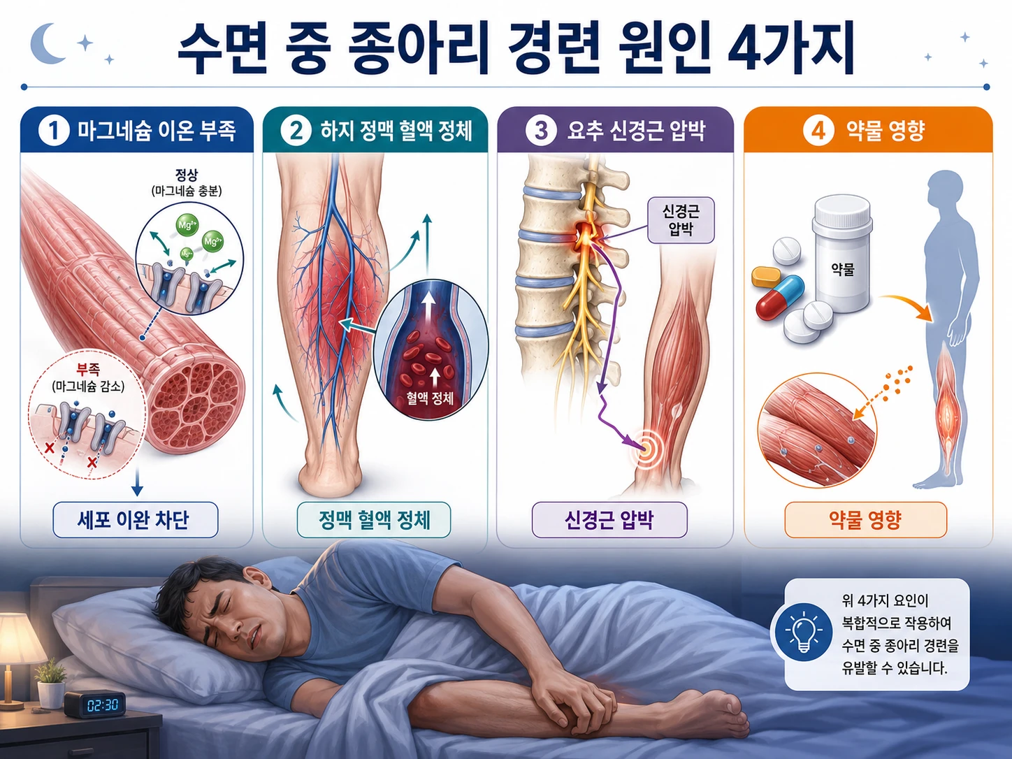 야간 다리경련 원인 4가지(마그네슘 이온 부족·하지 정맥 혈액 정체·요추 신경근 압박·약물 영향)를 나란히 보여주는 의학 인포그래픽