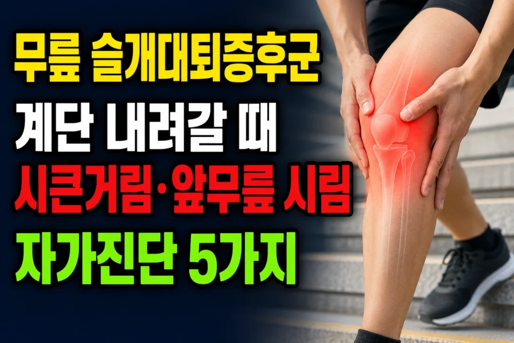 무릎 슬개대퇴증후군 — 계단 내려갈 때 시큰거림·앞무릎 시림 자가진단 5가지