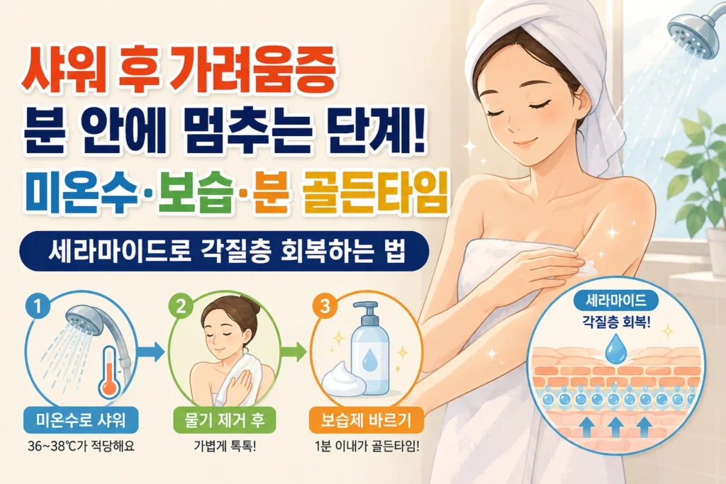 샤워 후 가려움증 30분 안에 멈추는 5단계 — 미온수·3분 보습 골든타임·세라마이드 각질층 회복법