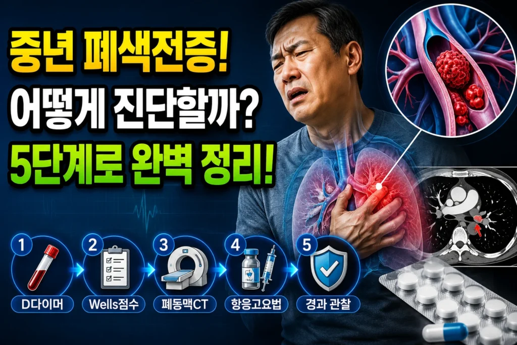중년 폐색전증 — D다이머·Wells점수·폐동맥CT·항응고요법으로 진단·치료하는 5단계 흐름