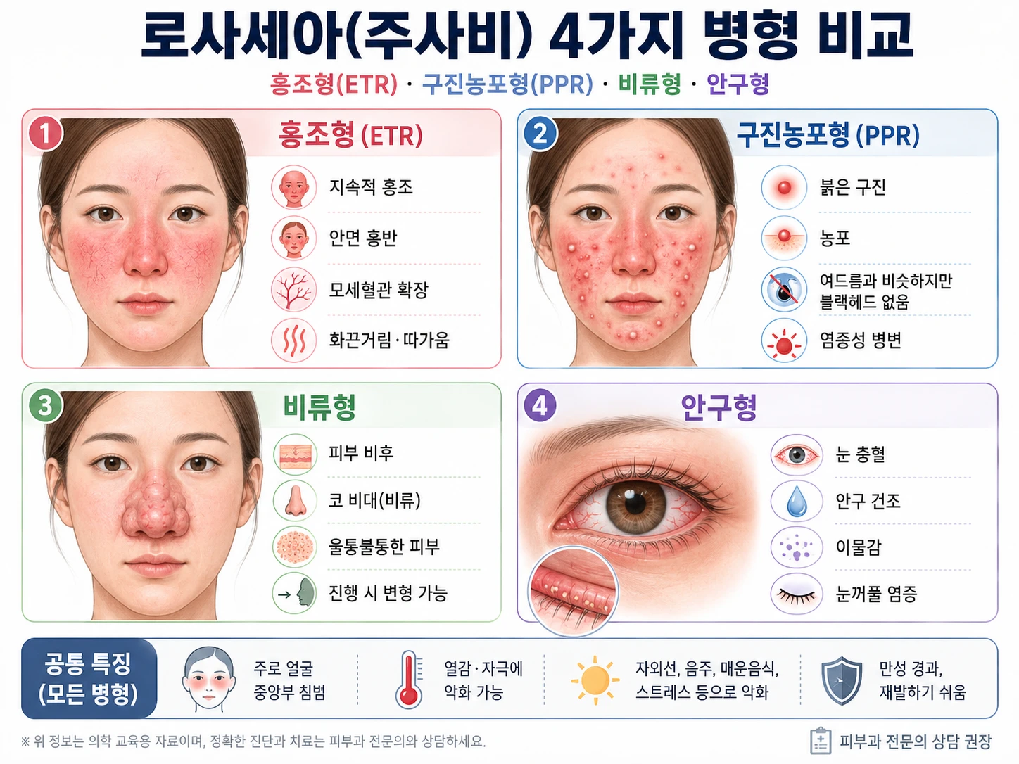 로사세아(주사비) 4가지 병형 비교 인포그래픽 — 홍조형·구진농포형·비류형·안구형의 증상과 특징