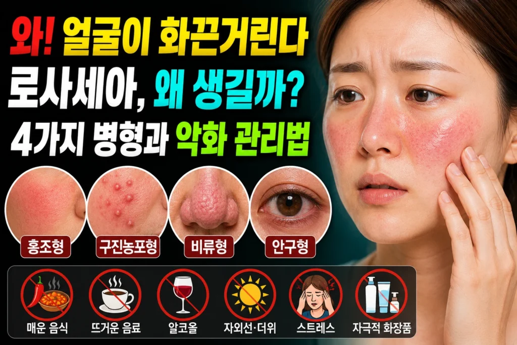 로사세아(주사비) 증상과 병형 4가지 — 홍조형·구진농포형·비류형·안구형과 악화 트리거 관리법