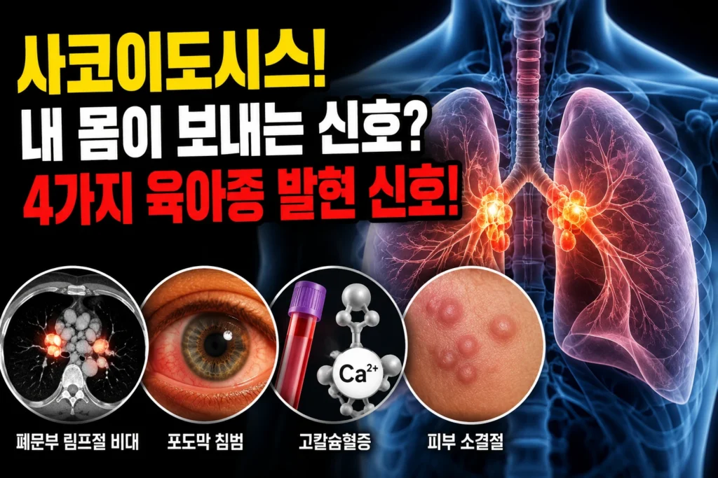 사코이도시스 — 폐문부 변화·포도막 침범·고칼슘혈증·홍반성 소결절 4가지 육아종 발현 신호