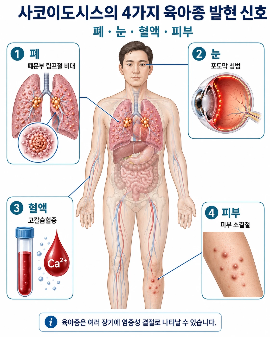 사코이도시스의 4가지 육아종 발현 신호(폐문부 림프절 비대·포도막 침범·고칼슘혈증·피부 소결절)를 신체 장기 위치별로 보여주는 의학 일러스트