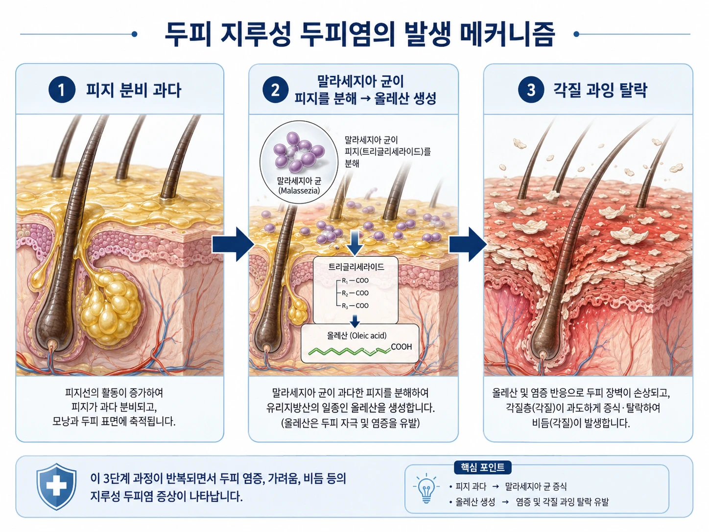지루성 두피염의 발생 메커니즘을 3단계(피지 분비 과다→말라세지아 균 올레산 생성→각질 과잉 탈락)로 설명한 의학 일러스트