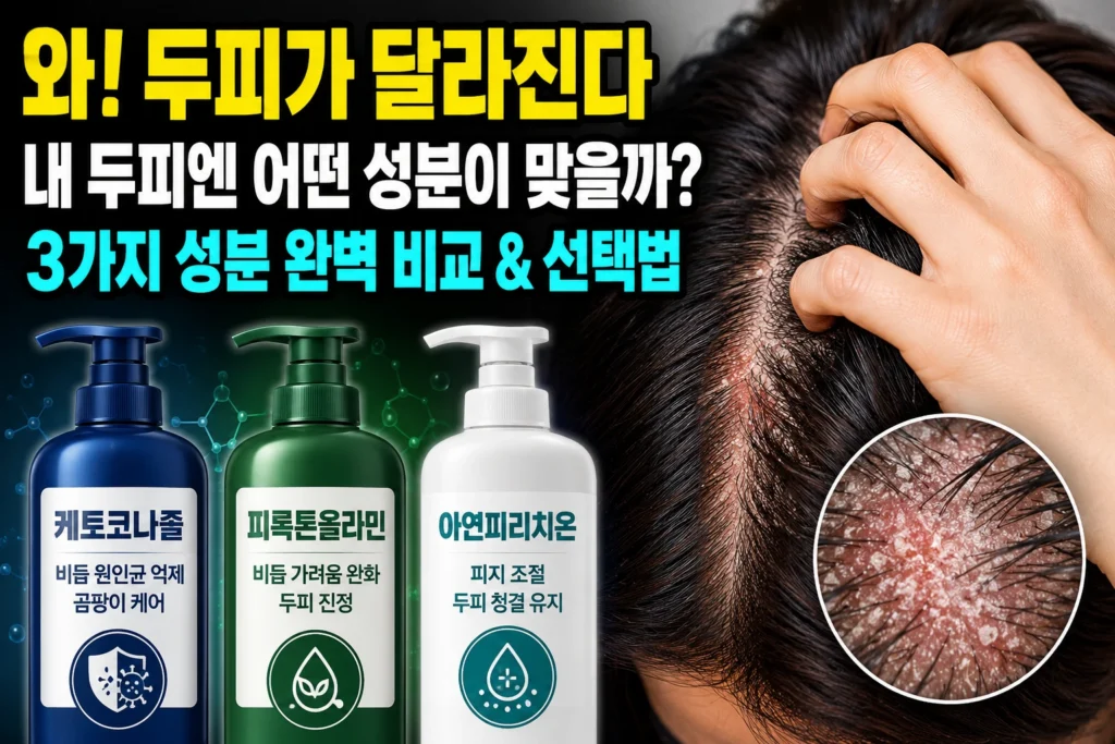 지루성 두피염 샴푸 성분 비교 — 케토코나졸·피록톤올라민·아연피리치온 3가지, 내 두피에 맞는 선택법