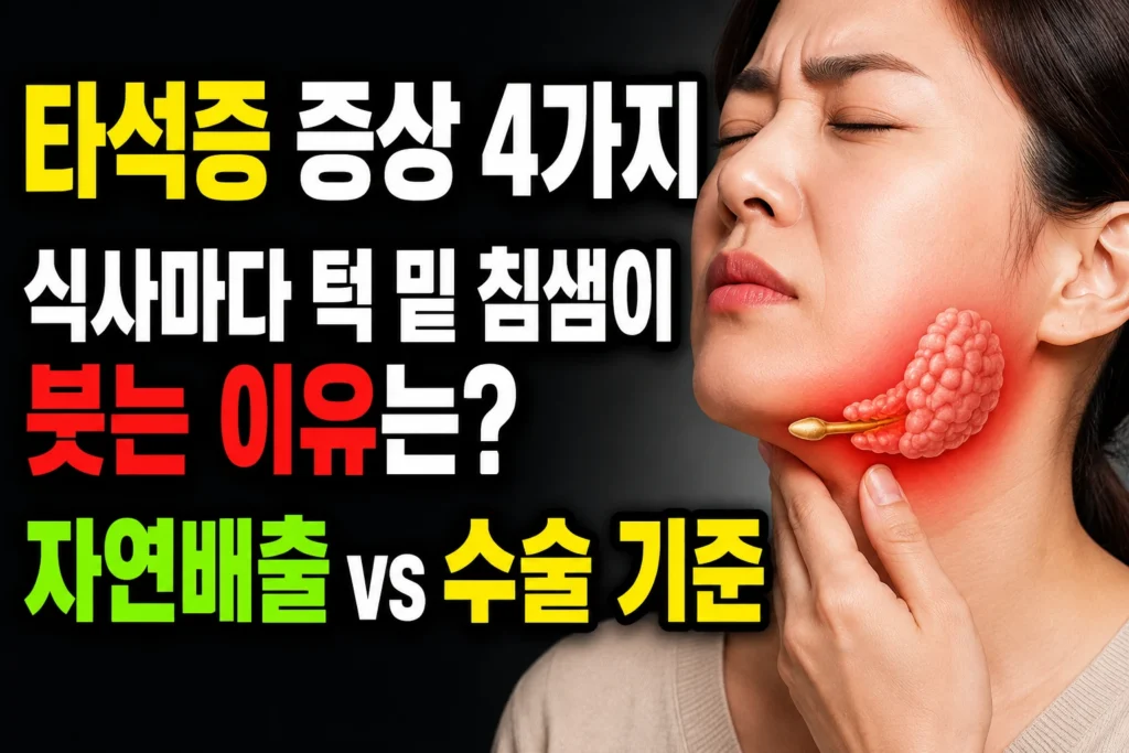 타석증 증상 4가지 — 식사마다 턱 밑 침샘이 붓는 이유와 자연배출 vs 수술 기준