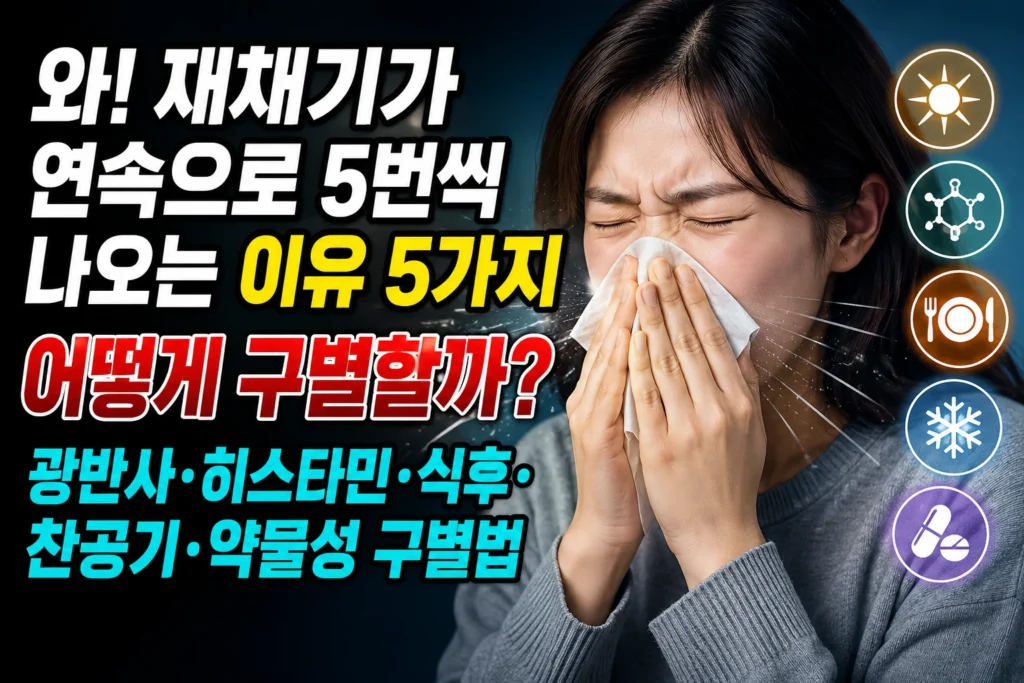 재채기가 연속으로 5번씩 나오는 이유 5가지 — 광반사재채기·히스타민·식후·찬공기·약물성 구별법