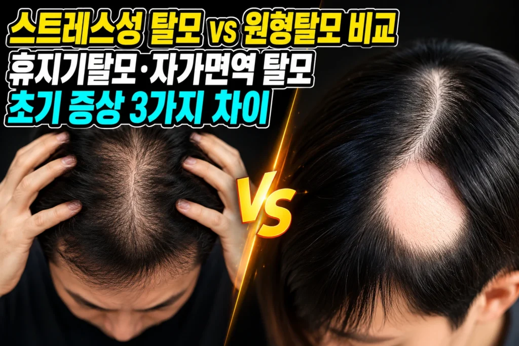 스트레스성 탈모 vs 원형탈모 비교 — 휴지기탈모·자가면역 탈모 초기 증상 3가지 차이
