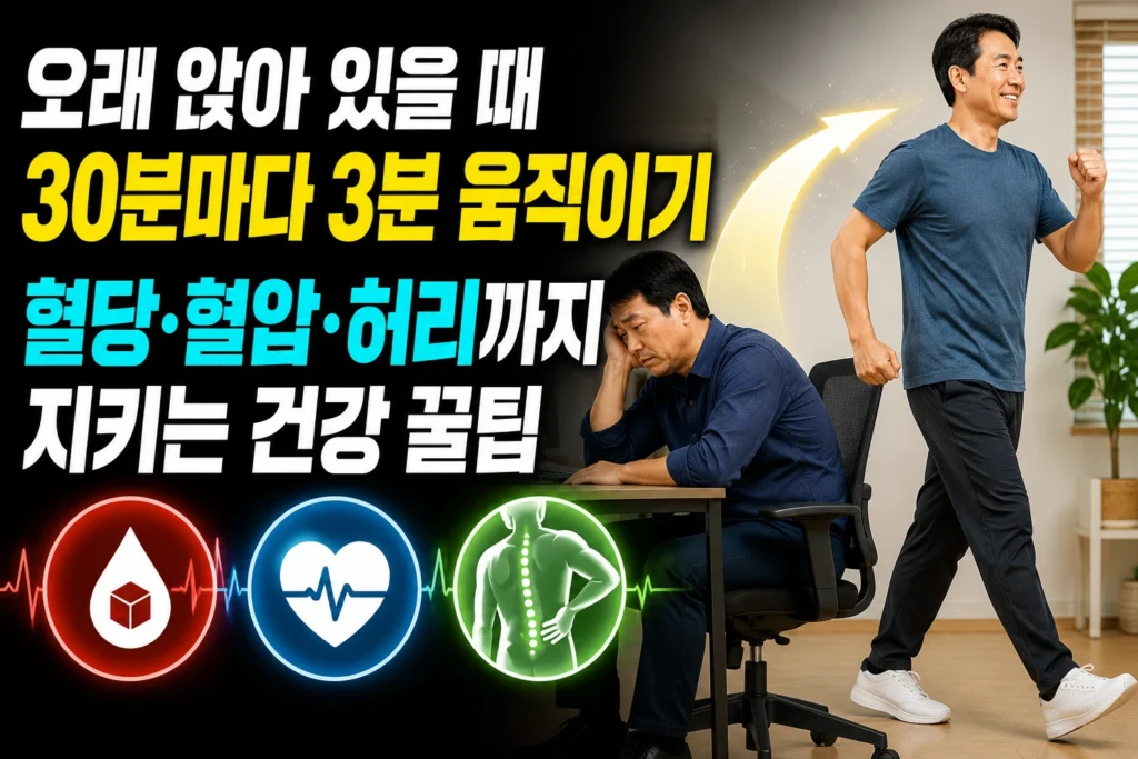 오래 앉아 있을 때 30분마다 3분 움직이기 — 혈당·혈압·허리까지 지키는 건강 꿀팁