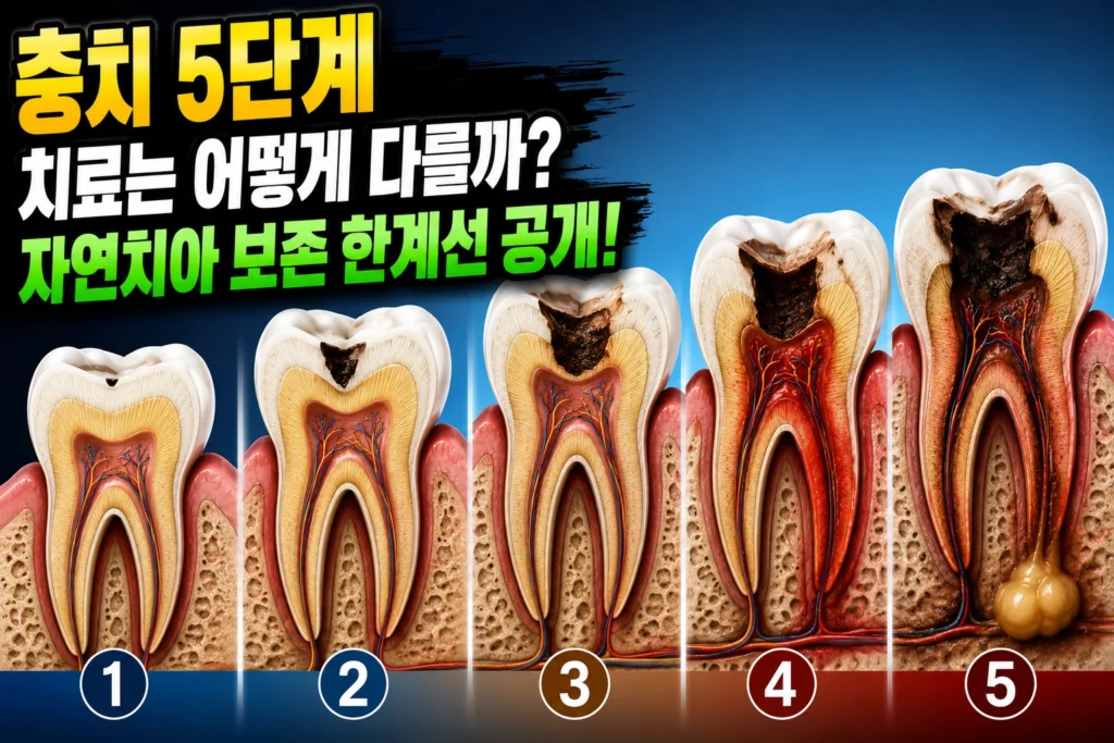 충치 5단계 — 법랑질·상아질·치수 침범별 치과 치료 선택과 자연치아 보존 한계선