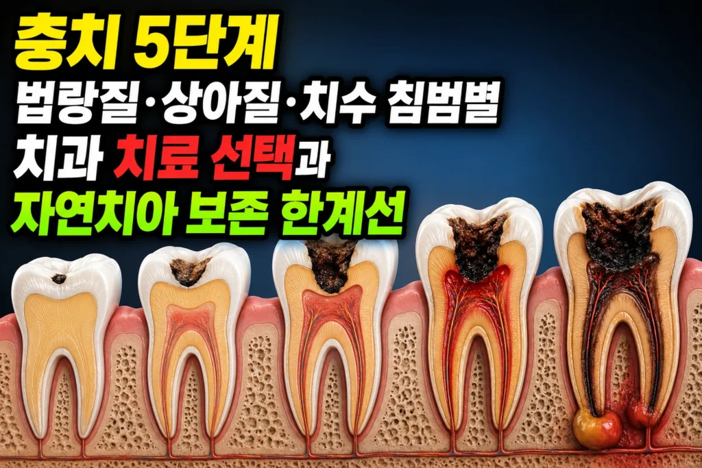 충치 5단계 — 법랑질·상아질·치수 침범별 치과 치료 선택과 자연치아 보존 한계선