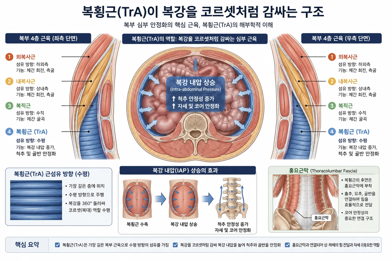 복횡근(TrA)이 복강을 코르셋처럼 감싸는 구조와 복강 내압 상승 메커니즘을 보여주는 해부학 단면 인포그래픽