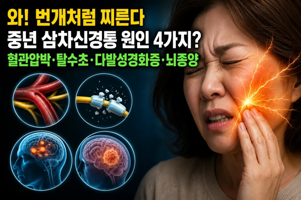 중년 삼차신경통 원인 4가지 — 혈관압박·탈수초·다발성경화증·뇌종양 번개 통증 이해
