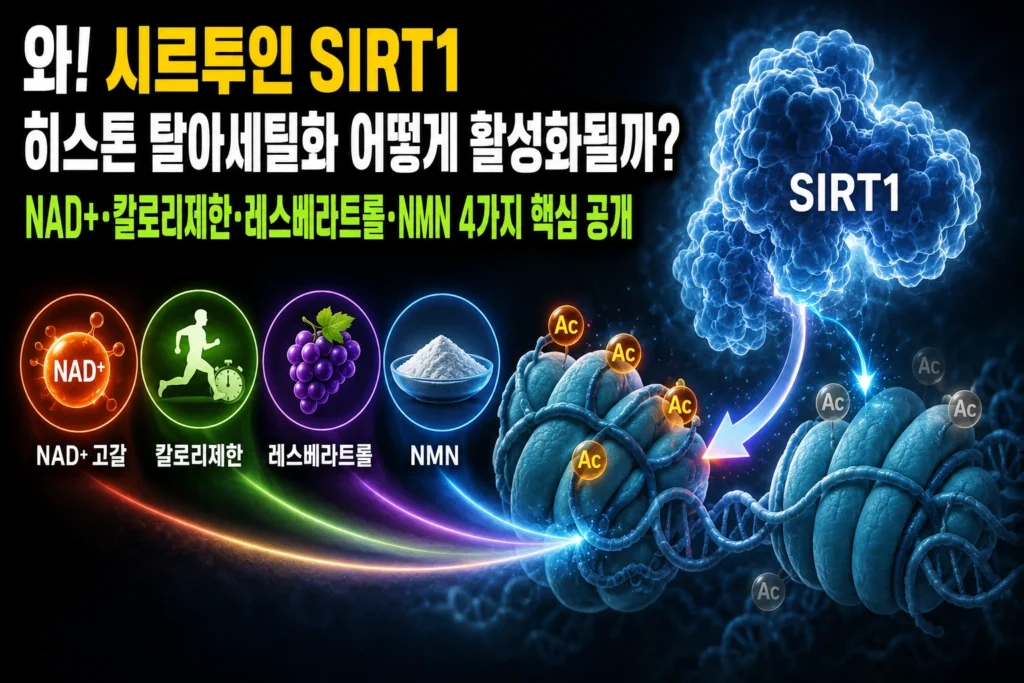 시르투인 SIRT1 — NAD+ 고갈·칼로리제한·레스베라트롤·NMN으로 히스톤 탈아세틸화를 활성화하는 4가지