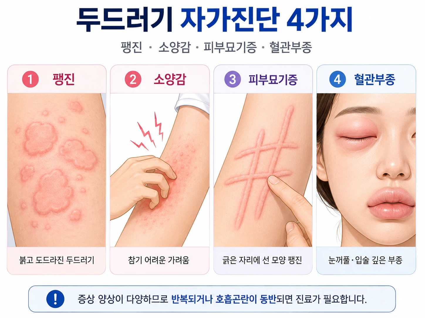 두드러기 자가진단 4가지(팽진·소양감·피부묘기증·혈관부종) 비교 인포그래픽