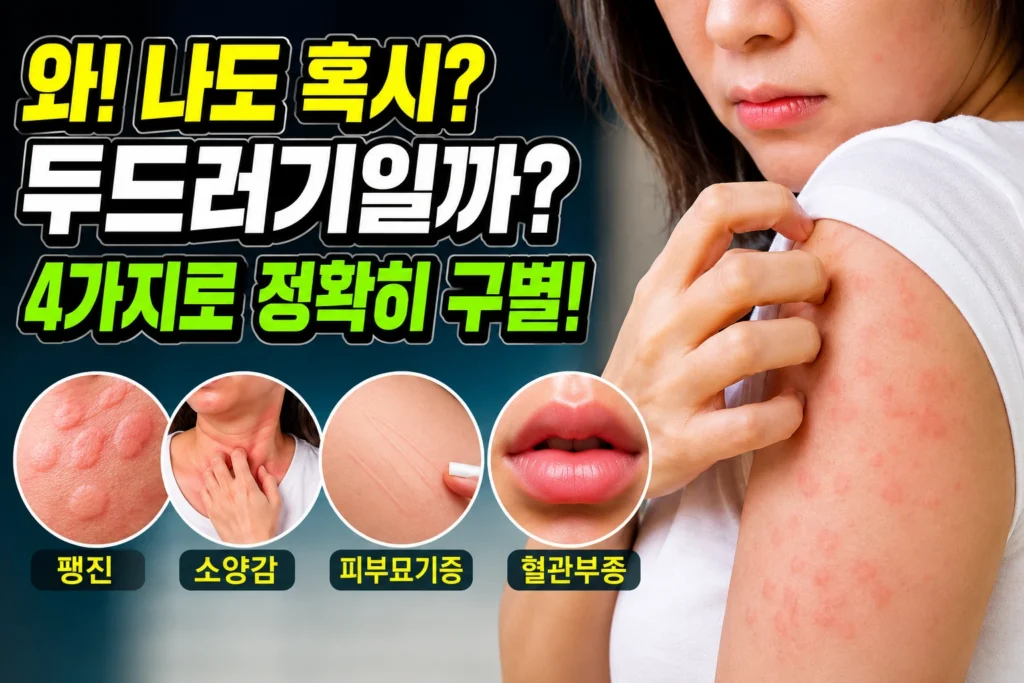 두드러기 자가진단 4가지 — 팽진·소양감·피부묘기증·혈관부종으로 알아보는 급성·만성 구별법