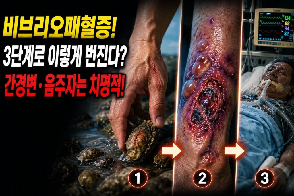 비브리오패혈증(Vibrio vulnificus) — 간경변·만성음주자가 날어패류 접촉 후 피부수포괴사와 패혈충격으로 번지는 3단계 경과