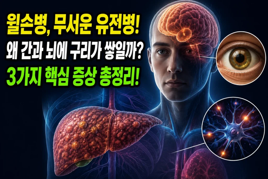윌슨병 — 간·뇌에 구리가 쌓이는 ATP7B 유전 질환의 카이저-플라이셔 링·간경변·신경증상 3가지