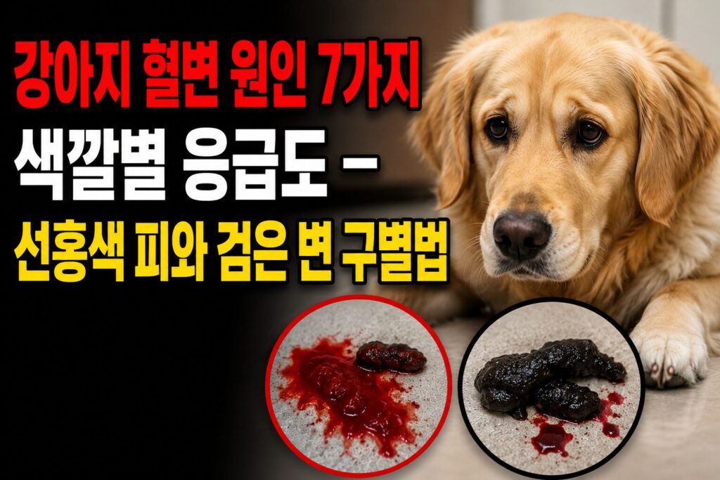강아지 혈변 원인 7가지·색깔별 응급도 — 선홍색 피와 검은 변 구별법