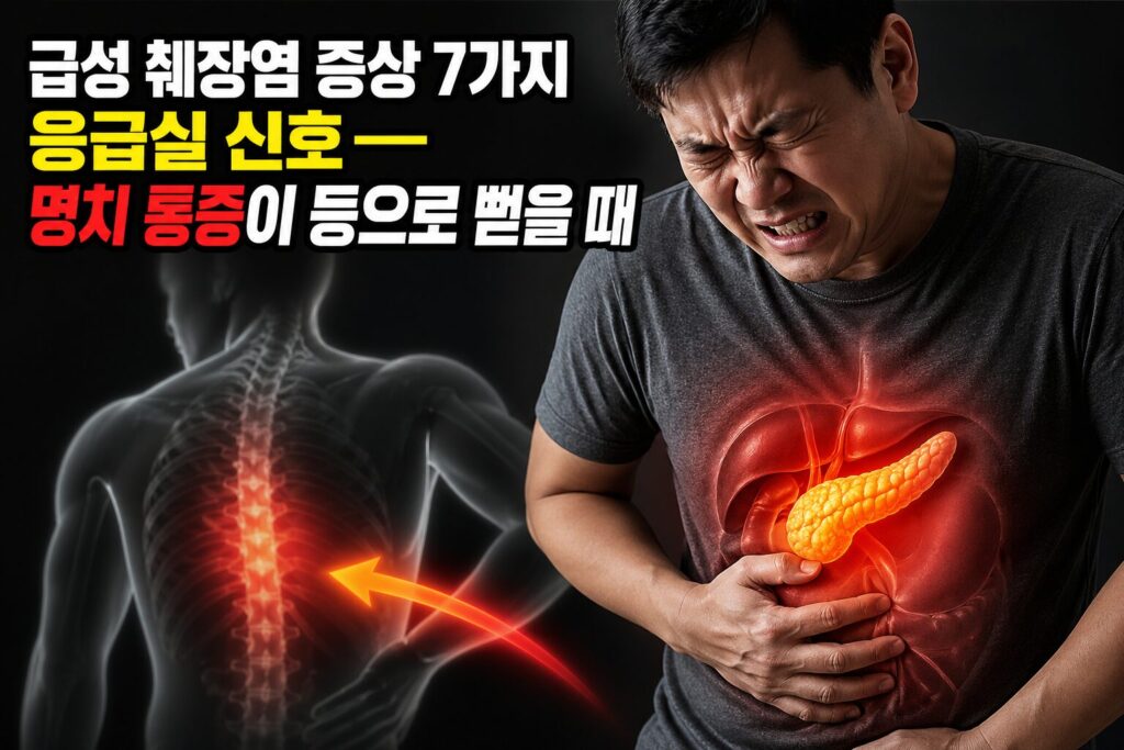 급성 췌장염 증상 7가지·응급실 신호 — 명치 통증이 등으로 뻗을 때