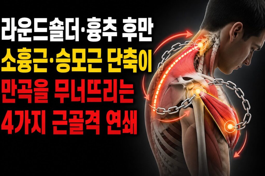 라운드숄더·흉추 후만 — 소흉근·승모근 단축이 만곡을 무너뜨리는 4가지 근골격 연쇄