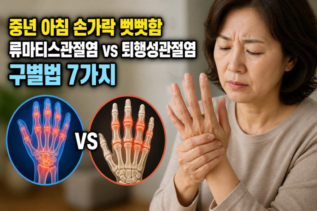 중년 아침 손가락 뻣뻣함 — 류마티스관절염 vs 퇴행성관절염 구별법 7가지