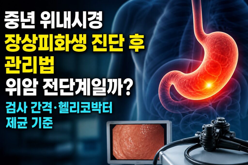 중년 위내시경 장상피화생 진단 후 관리법 — 위암 전단계일까? 검사 간격·헬리코박터 제균 기준