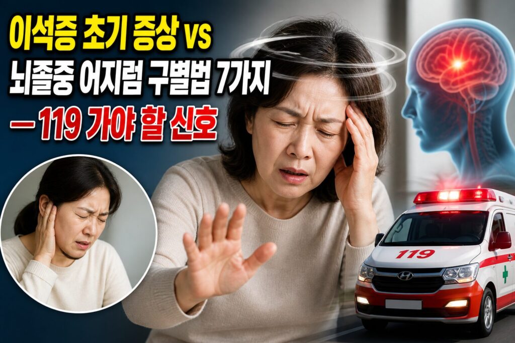 이석증 초기 증상 vs 뇌졸중 어지럼 구별법 7가지 — 119 가야 할 신호