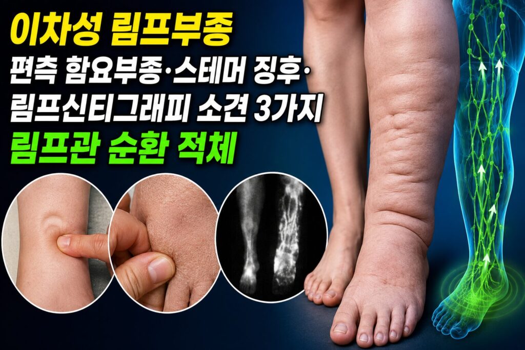 이차성 림프부종 — 편측 함요부종·스테머 징후·림프신티그래피 소견 3가지 림프관 순환 적체