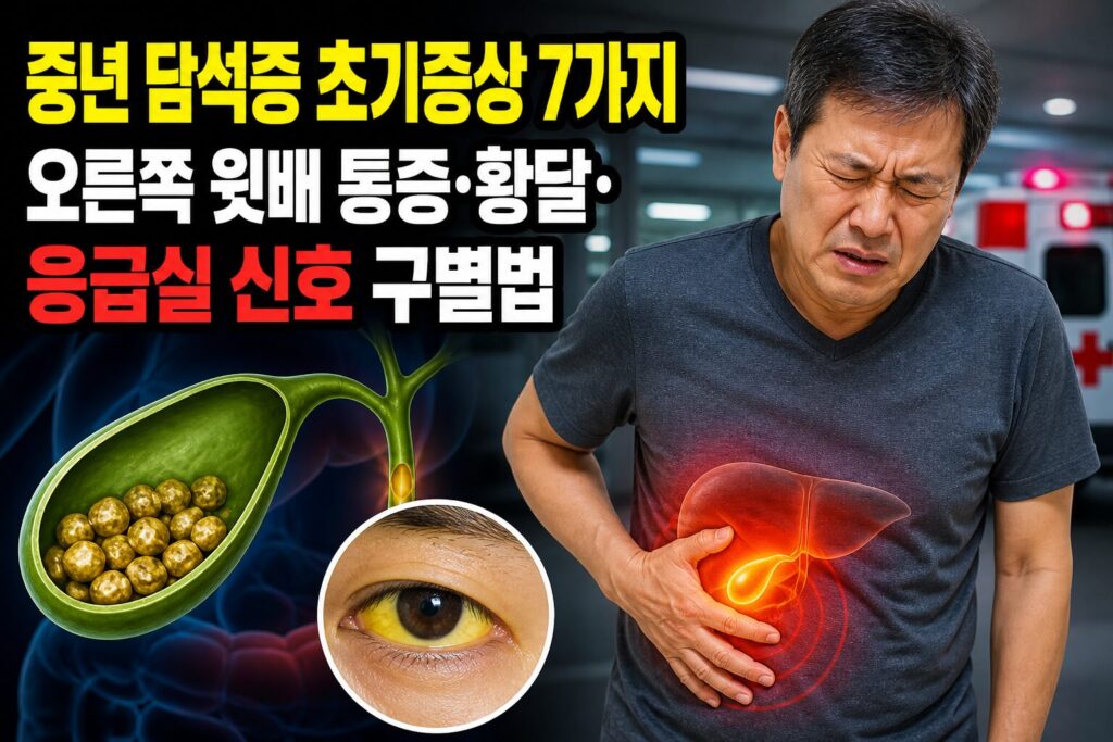 중년 담석증 초기증상 7가지 — 오른쪽 윗배 통증·황달·응급실 신호 구별법