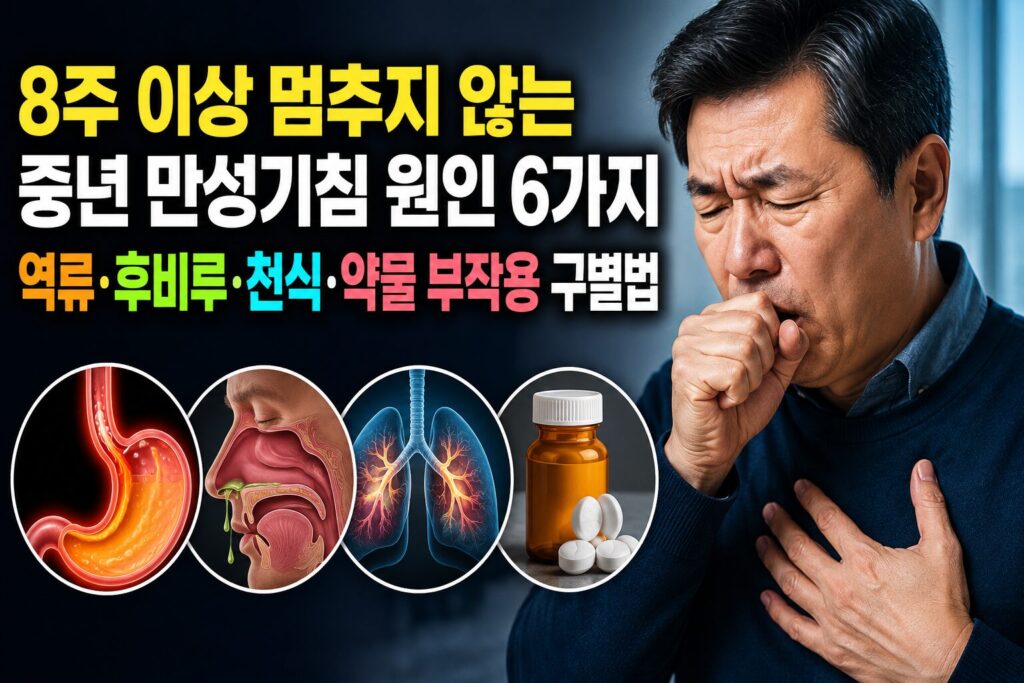 8주 이상 멈추지 않는 중년 만성기침 원인 6가지 — 역류·후비루·천식·약물 부작용 구별법
