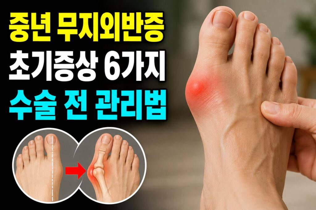 중년 무지외반증 초기증상 6가지 — 엄지발가락 휘어짐·발볼 통증 수술 전 관리법