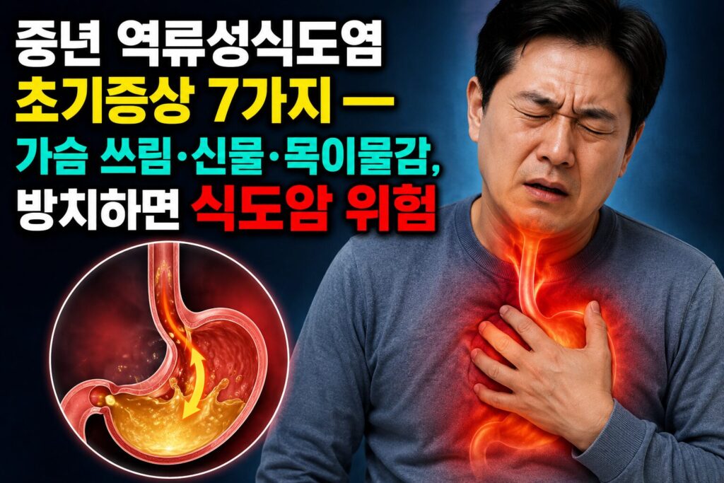 중년 역류성식도염 초기증상 7가지 — 가슴 쓰림·신물·목이물감, 방치하면 식도암 위험