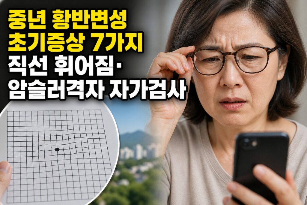 중년 황반변성 초기증상 7가지｜직선 휘어짐·암슬러격자 자가검사