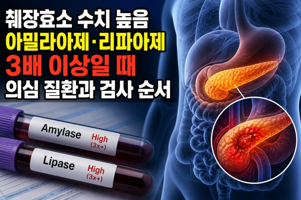 췌장효소 수치 높음｜아밀라아제·리파아제 3배 이상일 때 의심 질환과 검사 순서